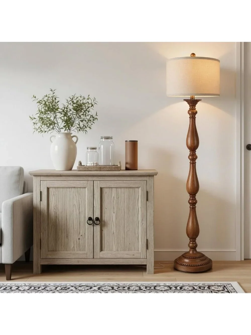 Rustic Vintage Floor Lamp with Linen Shade, Retro Standing Light for Living